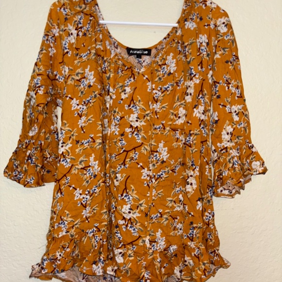 WOMANS ORANGE ELBOW LENGTH FLORAL BLOUSE SIZE L - Picture 1 of 6